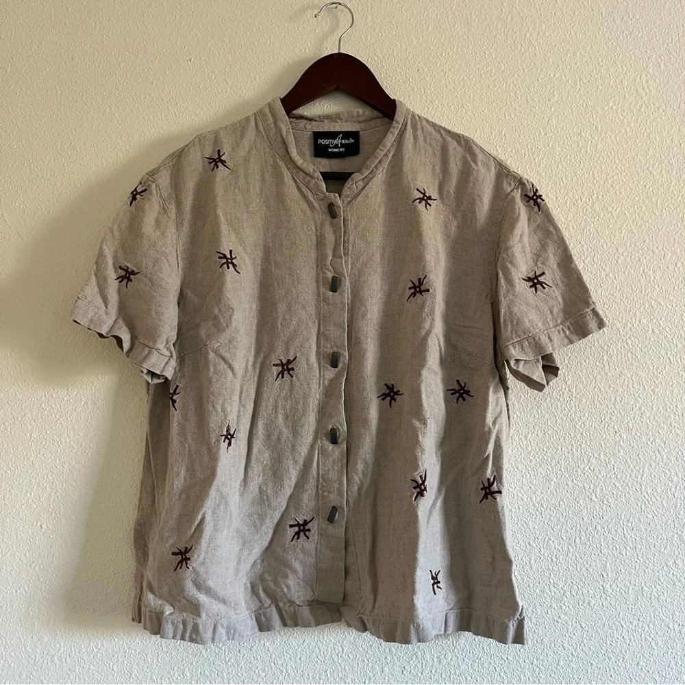 Vintage Positive Attitude Button Up Short Sleeved Linen Type Shirt Tan Floral - Picture 3 of 11